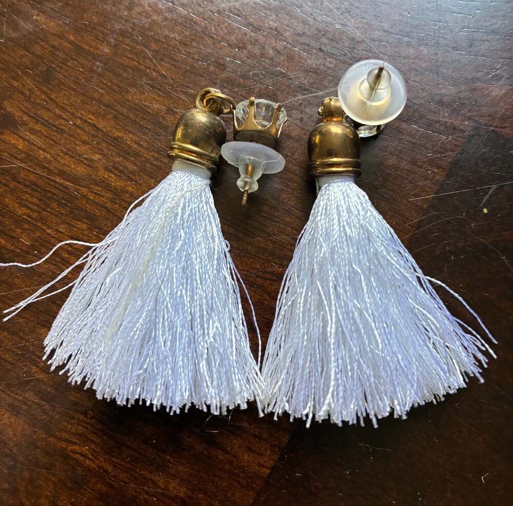 White Tassel Drop Earrings with Crystal Stud Posts